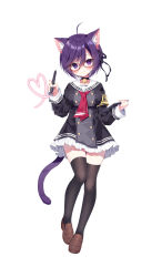 Rule 34 | 1girl, ahoge, animal ear fluff, animal ears, armband, bell, black choker, black dress, black thighhighs, blush, breasts, brown footwear, cat ears, cat girl, cat tail, choker, closed mouth, collarbone, commentary request, drawing tablet, dress, frilled dress, frills, full body, glasses, hair between eyes, heart, highres, holding, holding stylus, jingle bell, loafers, long sleeves, mauve, medium breasts, neck bell, original, purple eyes, purple hair, red-framed eyewear, sailor collar, sailor dress, semi-rimless eyewear, shoes, simple background, sleeves past wrists, smile, solo, standing, standing on one leg, stylus, tail, thighhighs, under-rim eyewear, white background, white sailor collar