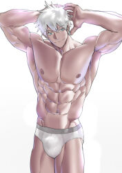 Rule 34 | 1boy, abs, absurdres, blue eyes, closed mouth, cowboy shot, gojou satoru, highres, jujutsu kaisen, light smile, looking to the side, male focus, male underwear, messy hair, muscular, muscular male, navel, nipples, pectorals, short hair, simple background, solo, suyohara, thighs, underwear, underwear only, white background, white hair, white male underwear