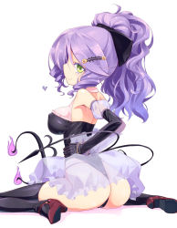 Rule 34 | 1girl, ass, black thighhighs, bow, bracelet, breasts, chandelure, costume, covered erect nipples, creatures (company), elbow gloves, game freak, gen 5 pokemon, gloves, green eyes, hair bow, hair ornament, hairclip, heart, highres, homura subaru, jewelry, large breasts, looking back, nintendo, personification, pokemon, ponytail, purple hair, revision, see-through, simple background, sitting, smile, solo, thighhighs, wariza, wedgie, white background