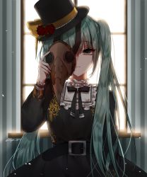 Rule 34 | 1girl, belt, belt buckle, black belt, black dress, black ribbon, blue hair, buckle, commentary, cuffs, dress, eyes visible through hair, flower, gem, gothic lolita, green eyes, haga, hat, hat flower, hat ornament, hat ribbon, hatsune miku, highres, indoors, jewelry, lace, lace trim, lolita fashion, long hair, long sleeves, mask, unworn mask, necklace, pearl (gemstone), pearl necklace, plague doctor mask, ribbon, rose, strap, top hat, twintails, very long hair, vocaloid, window, windowsill, yellow ribbon