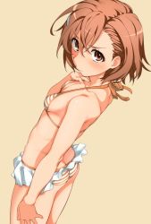 Rule 34 | arm at side, ass, bare arms, bare shoulders, bikini, bikini skirt, breasts, brown eyes, brown hair, butt crack, closed mouth, from side, hair ornament, hairclip, halterneck, hand on own chest, hatakenaka (kamagabuchi), looking at viewer, looking to the side, misaka mikoto, orange ribbon, ribbon, short hair, shoulder blades, sideboob, simple background, small breasts, smile, solo, striped bikini, striped clothes, swimsuit, thighs, toaru kagaku no railgun, toaru majutsu no index, yellow background