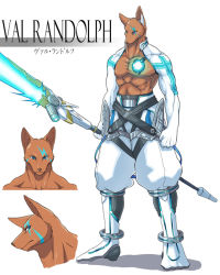 Rule 34 | 68, animal ears, aqua eyes, armor, boots, dog, energy sword, furry, furry male, glowing, leather, lightsaber, male focus, muscular, original, personification, polearm, simple background, spear, sword, tattoo, topless male, val randolph, weapon