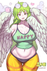 Rule 34 | 1girl, artist name, bare shoulders, breasts, cleavage, clothes writing, coke-bottle glasses, crop top, domaguri, feathered wings, feathers, glasses, green hair, green tank top, harpy, heart, highres, large breasts, long hair, midriff, mole, mole on breast, mole on stomach, mole under eye, monet (one piece), monster girl, navel, one piece, pantyhose, simple background, solo, striped clothes, striped pantyhose, tank top, tongue, tongue out, very long hair, white background, white feathers, white wings, winged arms, wings, yellow eyes