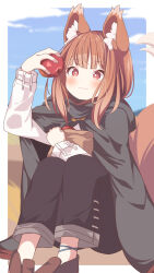 Rule 34 | 1girl, animal ears, apple, arm up, bag, black pants, blue sky, blush, brown footwear, brown hair, cloak, closed mouth, cloud, commentary, daidai ookami, day, feet out of frame, food, fruit, grey cloak, highres, holding, holding food, holding fruit, holo, hood, hood down, hooded cloak, loafers, long hair, pants, paper bag, red apple, red eyes, shirt, shoes, sky, solo, spice and wolf, tail, white shirt, wolf ears, wolf girl, wolf tail