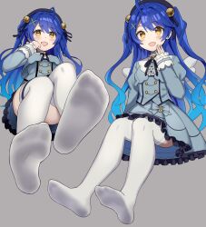 Rule 34 | 1girl, ahoge, amamiya kokoro, amamiya kokoro (1st costume), bell, black ribbon, blue bow, blue bowtie, blue dress, blue hair, blush, bow, bow skirt, bowtie, breasts, commentary, dot nose, dress, fang, feet, foot focus, frilled dress, frilled sleeves, frills, from below, from side, full body, glastonbury1966, grey background, hair bell, hair between eyes, hair intakes, hair ornament, hair ribbon, hand on own cheek, hand on own face, hand up, hat, highres, huge ahoge, invisible chair, legs, long hair, long sleeves, looking at viewer, looking down, neck bell, nijisanji, no shoes, open mouth, presenting foot, ribbon, simple background, sitting, skin fang, sleeves past wrists, small breasts, smug, soles, swept bangs, thigh strap, thighhighs, toes, two side up, variations, virtual youtuber, white thighhighs, x hair ornament, yellow eyes