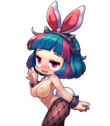 Rule 34 | 00s, 1girl, animal ears, blush, breasts, character request, chibi, detached collar, fishnet pantyhose, fishnets, happening18, large breasts, maplestory, maplestory 2, mole, mole under eye, multicolored hair, nipples, open mouth, pantyhose, rabbit ears, rabbit tail, red eyes, simple background, solo, tagme, tail, topless, vanilla (maplestory2), windy4th, wrist cuffs