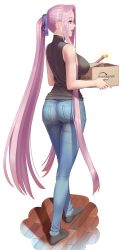 Rule 34 | 1girl, :d, absurdres, alternate costume, ass, bare arms, bare shoulders, black-framed eyewear, black socks, box, brand name imitation, breasts, cardboard box, casual, denim, closed eyes, fate/grand order, fate (series), from behind, full body, glasses, hair ribbon, highres, holding, jeans, large breasts, long hair, looking to the side, medusa (fate), medusa (rider) (fate), open mouth, pants, pantylines, ponytail, profile, purple eyes, purple hair, purple ribbon, ribbon, simple background, sleeveless, smile, socks, solo, standing, takehisa tomoe, tight clothes, tight pants, very long hair, white background, wooden floor