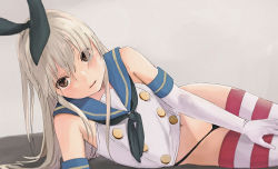 Rule 34 | 10s, 1girl, black panties, blonde hair, brown eyes, elbow gloves, gloves, hairband, highleg, highleg panties, kantai collection, long hair, no pants, open mouth, panties, shimakaze (kancolle), solo, striped clothes, striped thighhighs, thighhighs, underwear, youmak