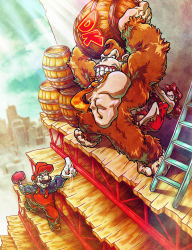 Rule 34 | 1girl, 2boys, angry, barrel, blue eyes, brown hair, building, clash, construction site, day, donkey kong, donkey kong (1981 game), donkey kong (series), dress, earrings, facial hair, gloves, hammer, hat, highres, jewelry, ladder, mario, mario (series), multiple boys, mustache, necktie, nintendo, overalls, pauline (mario), red dress, red eyes, sebastianvonbuchwald (artist), torn clothes, torn dress