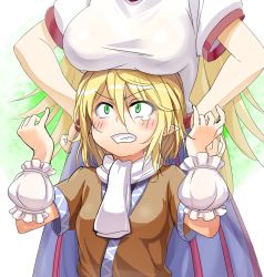 Rule 34 | 2girls, angry, arm warmers, bad id, bad pixiv id, blonde hair, blush, breast envy, breast rest, breasts, breasts on head, clenched teeth, female focus, green eyes, hands on own hips, head out of frame, hoshiguma yuugi, large breasts, long hair, mizuhashi parsee, multiple girls, oborofu, pointy ears, scarf, scowl, shirt, short hair, short sleeves, skirt, snarl, tears, teeth, touhou