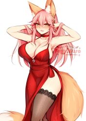 Rule 34 | 1girl, alternate costume, animal ears, bare shoulders, black thighhighs, blush, breasts, cleavage, collarbone, dress, fate/extra, fate (series), fox ears, fox girl, fox tail, foxykuro, hands in hair, highres, large breasts, long hair, open mouth, pink hair, red dress, simple background, smile, solo, tail, tamamo (fate), tamamo no mae (fate/extra), thighhighs, white background, yellow eyes