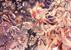 3girls aerial_fireworks black_dress blue_eyes book_of_fuxi cherry_blossoms chinese_clothes commentary_request dress fireworks flat_chest fu_hua fu_hua_(garuda) fu_hua_(herrscher_of_sentience) grey_hair highres holding_hands honkai_(series) honkai_impact_3rd lantern long_hair multicolored_hair multiple_girls night night_sky outdoors paper_lantern red_eyes red_hair sky sky_lantern smile takakura_aki two-tone_hair very_long_hair white_dress white_hair