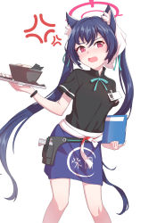 Rule 34 | 1girl, absurdres, anger vein, animal ear fluff, animal ears, apron, black hair, black shirt, blue apron, blue archive, blue ribbon, bowl, cat ears, collared shirt, cowboy shot, fang, gyubu, hair ribbon, halo, head scarf, highres, holding, holding menu, holding tray, holster, id card, light blush, long hair, looking at viewer, menu, neck ribbon, open mouth, red eyes, ribbon, serika (blue archive), shirt, short sleeves, simple background, skin fang, solo, tray, twintails, waist apron, waitress, white background, wristband