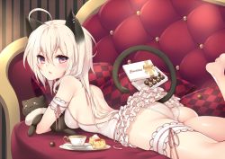 Rule 34 | 1girl, animal ears, arm strap, ass, back, backless outfit, bad id, bad pixiv id, blonde hair, cat ears, cat tail, chocolate, couch, crotch seam, cup, dress, fuya (tempupupu), lace, lace-trimmed panties, lace trim, leg up, looking at viewer, lying, on stomach, original, panties, pink eyes, pink panties, short dress, silver hair, sleeveless, sleeveless dress, solo, stuffed animal, stuffed cat, stuffed toy, tail, teacup, thigh strap, tray, underwear, white dress, white panties