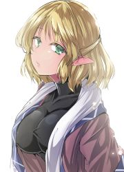 Rule 34 | 1girl, black shirt, blonde hair, breasts, brown shirt, commentary request, green eyes, highres, large breasts, looking at viewer, mizuhashi parsee, open clothes, open shirt, parted lips, pointy ears, shirt, short hair, simple background, solo, touhou, upper body, white background, y2