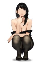 Rule 34 | 1girl, black dress, black hair, black nails, breasts, brown eyes, cleavage, collarbone, commentary request, dress, earrings, highres, jewelry, large breasts, lips, long hair, nail polish, original, pantyhose, parted lips, simple background, solo, squatting, white background, yomu (sgt epper)