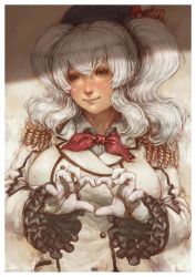 Rule 34 | 10s, 1girl, beret, epaulettes, faux traditional media, gloves, grey eyes, hat, highres, kantai collection, kashima (kancolle), kuon (kwonchanji), long hair, looking at viewer, portrait, realistic, silver hair, smile, solo, twintails, white gloves