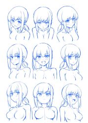 :d alternate_breast_size anatomy_study angry art_study blue_theme blush breasts breasts_squeezed_together cleavage collarbone commentary_request fubuki_(kancolle) ichikawa_feesu kantai_collection lineart looking_at_viewer low_ponytail medium_breasts medium_hair monochrome multiple_expressions multiple_views no_nipples nude open_mouth pout sidelocks simple_background sketch smile upper_body white_background