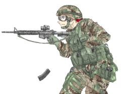 Rule 34 | 1boy, aiming, assault rifle, blue eyes, camouflage, didloaded, gloves, goggles, gun, hat, helmet, load bearing vest, magazine (weapon), male focus, military, military hat, military operator, military uniform, original, red hair, reloading, rifle, soldier, solo, trigger discipline, uniform, weapon