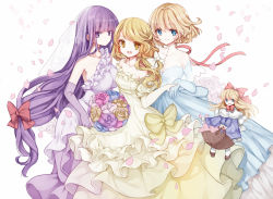 Rule 34 | 3girls, alice margatroid, basket, blonde hair, blue dress, blue eyes, blue gloves, bouquet, bow, breasts, brown footwear, capelet, carrying, cleavage, dress, elbow gloves, expressionless, flower, frilled dress, frills, gloves, hair bow, hip focus, kirisame marisa, large breasts, long hair, looking at viewer, multiple girls, open mouth, patchouli knowledge, petals, purple dress, purple eyes, purple gloves, purple hair, ribbon, risui (suzu rks), rose, sachi (artist), see-through, shanghai doll, shoes, short hair, simple background, single strap, small breasts, smile, strapless, strapless dress, teeth, touhou, veil, very long hair, wavy hair, wedding dress, white background, white legwear, wind, yellow dress, yellow eyes, yellow gloves