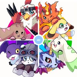 Rule 34 | coronamon, digimon, digimon (creature), gabumon, goggles, goggles on head, hat, hawkmon, highres, horns, looking at viewer, lopmon, meicoomon child, offmon, one eye closed, red eyes, terriermon, tukaimon, white background, wink