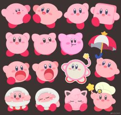 Rule 34 | blue eyes, blush stickers, chef hat, copy ability, creatures (company), game freak, gen 1 pokemon, hat, holding, holding umbrella, jigglypuff, kirby, kirby&#039;s epic yarn, kirby (series), kirby cafe, multiple views, nintendo, no humans, open mouth, parasol kirby, piranha plant, pokemon, pout, rizu (rizunm), sleeping, smile, star wand, super smash bros., umbrella