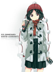Rule 34 | 1girl, alternate costume, aoi kujira, beanie, black hair, bookmark, camera, coat, contemporary, hat, hat ribbon, jacket, looking at viewer, open clothes, open jacket, pen, plaid, plaid scarf, red eyes, ribbon, scarf, shameimaru aya, shirt, short hair, simple background, skirt, smile, solo, touhou, white background, winter clothes