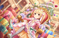 Rule 34 | 1girl, blonde hair, candy, candy cane, chair, christmas, christmas ornaments, christmas tree, crossed legs, food, futaba anzu, game cg, gift, gloves, hat, high heels, idolmaster, idolmaster cinderella girls, idolmaster cinderella girls starlight stage, lollipop, mini hat, official art, railing, red eyes, side ponytail, sitting, smile, snowflake print, solo, window