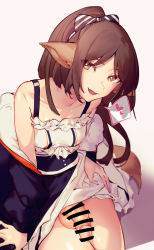 Rule 34 | 1futa, animal ears, arknights, bar censor, bare shoulders, blue bow, blue dress, blue jacket, bow, brown hair, censored, collarbone, commentary, cowboy shot, dress, flaccid, fox ears, fox girl, fox tail, futanari, gradient background, hair bow, heart, highres, jacket, looking at viewer, mirin chikuwa, off shoulder, open clothes, open jacket, open mouth, penis, perfumer (arknights), pink background, ponytail, shadow, simple background, sitting, solo, spoken heart, striped, striped bow, tail, testicles, thighs, two-tone dress, white dress, white hair, yellow eyes