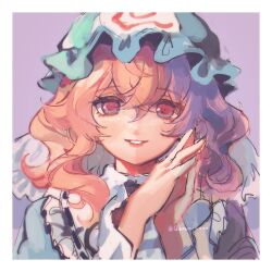 Rule 34 | 1girl, blue hat, garan co, grey background, hat, highres, looking at viewer, medium hair, mob cap, own hands together, parted lips, pink eyes, pink hair, saigyouji yuyuko, simple background, smile, solo, touhou, triangular headpiece, twitter username, upper body