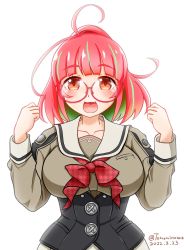 Rule 34 | 1girl, ahoge, blouse, bow, bowtie, breasts, corset, dated, glasses, green hair, green shirt, grey sailor collar, grey skirt, highres, juliet sleeves, kantai collection, large breasts, long sleeves, multicolored hair, open mouth, pink-framed eyewear, pink hair, ponytail, puffy sleeves, red bow, red eyes, sailor collar, sailor shirt, school uniform, serafuku, shirt, short hair, simple background, skirt, smile, solo, streaked hair, twitter username, ume (kancolle), ura tomomi, white background