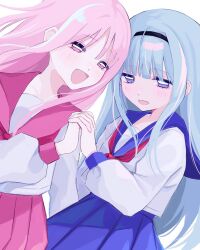 Rule 34 | 2girls, arm at side, black hairband, blue hair, blue sailor collar, blue skirt, blunt bangs, blush, commentary request, hairband, highres, holding hands, light blue hair, long sleeves, looking ahead, looking at viewer, multiple girls, neckerchief, open mouth, original, parted bangs, pink eyes, pink hair, pink neckerchief, pink sailor collar, pink skirt, puffy long sleeves, puffy sleeves, purple eyes, sailor collar, school uniform, shirt, shizumu (shi zumu), sidelocks, simple background, skirt, smile, upper body, white background, white shirt