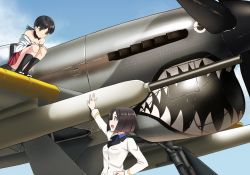 Rule 34 | 2girls, a9b (louis814), aircraft, airplane, arm up, black collar, black eyes, black hair, black socks, blue shirt, blue sky, blunt ends, bob cut, brown eyes, brown hair, closed mouth, cloud, cloudy sky, collar, commentary, day, detached collar, dress shirt, hand on own hip, hands on own knees, hawker typhoon, highres, jacket, japanese clothes, kawaguchi fumiyo, light frown, long sleeves, looking at another, looking down, looking up, low twintails, military, military uniform, military vehicle, miniskirt, multiple girls, nose art, off shoulder, open mouth, outdoors, pleated skirt, propeller, red skirt, rosalie de la poype, sandals, shirt, short hair, skirt, sky, smile, socks, squatting, standing, table, twintails, uniform, vehicle focus, vehicle request, white jacket, white shirt, wing collar, world witches series