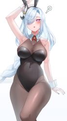 Rule 34 | 1girl, ?, absurdres, alternate costume, animal ears, arm up, armpits, bare shoulders, black leotard, blue hair, blue nails, braid, breasts, brown pantyhose, commentary request, covered navel, dazhong (g.marika), detached collar, fake animal ears, fishnet pantyhose, fishnets, genshin impact, gradient hair, hair ornament, hair over one eye, highleg, highleg leotard, highres, large breasts, leotard, light blue hair, long hair, looking at viewer, looking up, low-braided long hair, low-tied long hair, multicolored hair, open mouth, pantyhose, playboy bunny, rabbit ears, shenhe (genshin impact), solo, very long hair