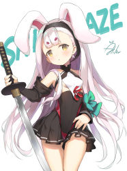Rule 34 | 1girl, aliter, animal ears, azur lane, text background, bare shoulders, black hairband, black skirt, black sleeves, blush, brown eyes, rabbit ears, character name, closed mouth, commentary request, detached sleeves, fingernails, hair intakes, hairband, head tilt, highres, holding, holding sword, holding weapon, katana, long hair, long sleeves, pink hair, shimakaze (azur lane), short eyebrows, signature, simple background, skirt, sleeveless, solo, sword, thick eyebrows, very long hair, weapon, white background
