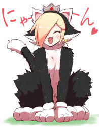 Rule 34 | 1girl, :3, animal costume, animal ears, animal hands, arm support, blonde hair, blush, body fur, breasts, cat costume, cat ears, cat tail, closed eyes, crown, earrings, eyelashes, fang, full body, gloves, hair over one eye, heart, highres, jewelry, kurachi mizuki, mario (series), nintendo, open mouth, paw gloves, pet play, rosalina, simple background, sitting, small breasts, smile, solo, star (symbol), star earrings, super mario 3d world, tail, translated, white background, white gloves