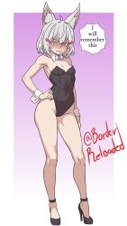Rule 34 | 1girl, absurdres, angry, animal ear fluff, animal ears, bare legs, black footwear, blush, borderreloaded, bow, bowtie, breasts, cameltoe, covered navel, english text, eyebrows hidden by hair, gradient background, hand on own hip, high heels, highleg, highleg leotard, highres, legs, leotard, nontraditional playboy bunny, phase connect, playboy bunny, simple background, small breasts, strapless, strapless leotard, strappy heels, tenma maemi, twitter username, virtual youtuber, white hair, wrist cuffs