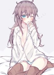 Rule 34 | 10s, 1girl, bad anatomy, bad hands, brown hair, covering own mouth, green eyes, hand over own mouth, highres, kantai collection, kumano (kancolle), kvlen, messy hair, no pants, one eye closed, open clothes, open shirt, panties, shirt, solo, striped clothes, striped panties, unbuttoned, unbuttoned shirt, underwear, yawning