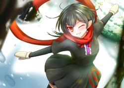 Rule 34 | 1girl, black dress, black hair, black thighhighs, blurry, blurry foreground, blush, bow, bowtie, breasts, commentary request, cowboy shot, dress, footprints, from above, grin, houjuu nue, layered sleeves, looking at viewer, looking up, mittens, no wings, one eye closed, outstretched arms, pointy ears, red bow, red bowtie, red eyes, red scarf, scarf, short hair, short sleeves, small breasts, smile, snow, solo, spread arms, standing, thighhighs, touhou, tree, white mittens, winter, yakkyokuya