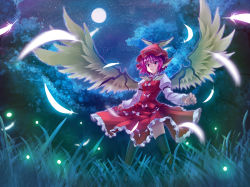 Rule 34 | 1girl, animal ears, black thighhighs, bug, feathers, female focus, fireflies, firefly, forest, full moon, grass, hat, highres, insect, moon, mystia lorelei, nature, night, pink eyes, pink hair, shinebell, shirt, short hair, skirt, skirt set, sky, smile, solo, star (sky), thighhighs, touhou, vest, wings, zettai ryouiki