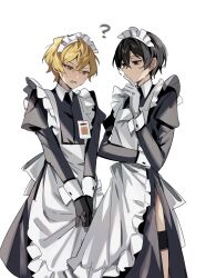 Rule 34 | 2boys, ?, absurdres, alternate costume, apron, black dress, black gloves, blonde hair, commentary request, dress, enmaided, frilled apron, frills, gloves, highres, limbus company, long sleeves, maid, maid headdress, male focus, mu46016419, multiple boys, open mouth, project moon, short hair, sinclair (project moon), sweat, white apron, white background, yellow eyes, yi sang (project moon)