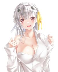 Rule 34 | 1girl, :d, bandaged head, bandages, blush, breasts, cleavage, goddess of victory: nikke, grey hair, hair ribbon, large breasts, long hair, looking at viewer, modernia (first affection) (nikke), modernia (nikke), off-shoulder shirt, off shoulder, official alternate costume, open mouth, rapun, red eyes, ribbon, shirt, sidelocks, smile, solo, white shirt, yellow ribbon