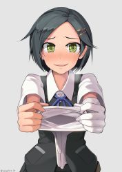 Rule 34 | 10s, 1girl, black hair, blouse, blue ribbon, blush, breath, buttons, giving, glove spread, gloves, unworn gloves, green eyes, hair ornament, hairclip, hinami (hinatamizu), kantai collection, kuroshio (kancolle), looking at viewer, neck ribbon, open mouth, ribbon, school uniform, sexually suggestive, shirt, short hair, short sleeves, simple background, single glove, smile, solo, twitter username, vest, white gloves, white shirt