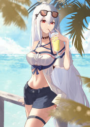 Rule 34 | 1girl, absurdres, aoi tooru, arknights, bare shoulders, black choker, blue shorts, blue sky, breasts, choker, cloud, commentary request, cowboy shot, cup, day, drinking, drinking glass, drinking straw, female focus, hair between eyes, hand up, highres, holding, holding cup, large breasts, long hair, navel, no headwear, ocean, off-shoulder shirt, off shoulder, official alternate costume, outdoors, railing, red eyes, shirt, short shorts, shorts, skadi (arknights), skadi (waverider) (arknights), sky, solo, standing, stomach, sunglasses, thigh strap, thighs, very long hair, water, white hair, white shirt
