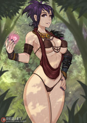 Rule 34 | 1girl, animification, artist name, bikini, black hair, breasts, brown eyes, detached sleeves, dragon age, fingerless gloves, forest, gloves, hand on own hip, jewelry, large breasts, looking at viewer, magic, morrigan (dragon age), nature, necklace, outdoors, redjet, short hair, single detached sleeve, single fingerless glove, solo, standing, swimsuit, watermark, web address