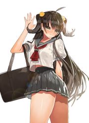 Rule 34 | 1girl, ahoge, arutera, bad id, bad pixiv id, bag, black hair, blurry, blush, bookbag, brown eyes, carrying, female focus, hair ornament, highres, lens flare, light smile, long hair, long image, looking at viewer, navel, necktie, open hand, original, pleated skirt, quality, school bag, school uniform, serafuku, shiny skin, short twintails, shy, simple background, skirt, solo, standing, tall image, thigh gap, thighs, twintails, uniform, very long hair, waving, white background