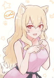 Rule 34 | 1girl, :d, animal background, animal ear fluff, animal ears, armpit crease, bare arms, bare shoulders, blonde hair, blush, breasts, cat ears, cat girl, cat tail, chibinekopan, cleavage, collarbone, dress, fang, hair between eyes, hands up, highres, kemonomimi mode, large breasts, long hair, looking at viewer, open mouth, paw pose, paw print, paw print background, pink dress, pink eyes, saijou claudine, shoujo kageki revue starlight, sidelocks, sleeveless, sleeveless dress, smile, solo, speech bubble, standing, star (symbol), starry background, tail, translated, upper body, wavy hair, yellow background