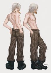 Rule 34 | 1boy, allvdl, baggy pants, bishounen, blue eyes, boots, dante (devil may cry), demon boy, devil may cry, devil may cry (series), devil may cry 3, food, food in mouth, highres, jewelry, long hair, looking at viewer, male focus, necklace, pale skin, pants, pizza, solo, standing, topless male, white hair