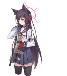 Rule 34 | 1girl, absurdres, animal ears, assault rifle, black thighhighs, blue archive, blue sailor collar, blue skirt, brown hair, closed mouth, cropped legs, ear protection, fox ears, gloves, gun, h&amp;k hk416, halo, highres, holding, holding gun, holding weapon, ken rqll, light blush, long hair, looking at viewer, neckerchief, pleated skirt, red eyes, red gloves, red neckerchief, rifle, sailor collar, school uniform, skirt, solo, thighhighs, trigger discipline, weapon, yukino (blue archive)