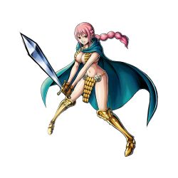 Rule 34 | 1girl, armor, bikini armor, braid, breasts, cape, clenched teeth, curvy, female focus, fighting stance, full body, gloves, holding, holding sword, holding weapon, large breasts, navel, official art, one piece, pink hair, rebecca (one piece), revealing clothes, shiny skin, single braid, solo, sword, teeth, weapon, wide hips